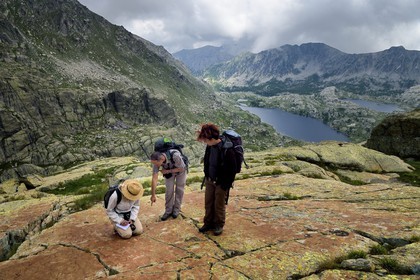 France, Alpes-Maritimes (06), parc national du Mercantour, Vallée des Merveilles parsemée de milliers de gravures rupestres de l'Age de bronze, dalles de schiste jaune des chiappes, observation de figures corniformes en compagnie de l'archéologue Nicoletta Bianchi