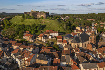 France, Moselle (57), Parc régional des Vosges du nord, Bitche, la citadelle fortifiée par Vauban (vue aérienne)