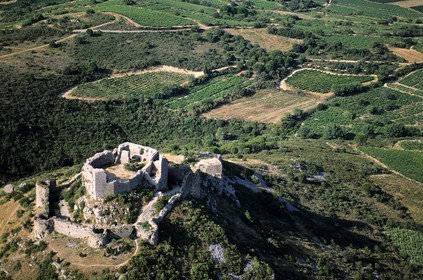 France, Aude (11), ruines du château cathare d'Aguillar dominant les vignes de Tuchan dans les Corbières (vue aérienne)