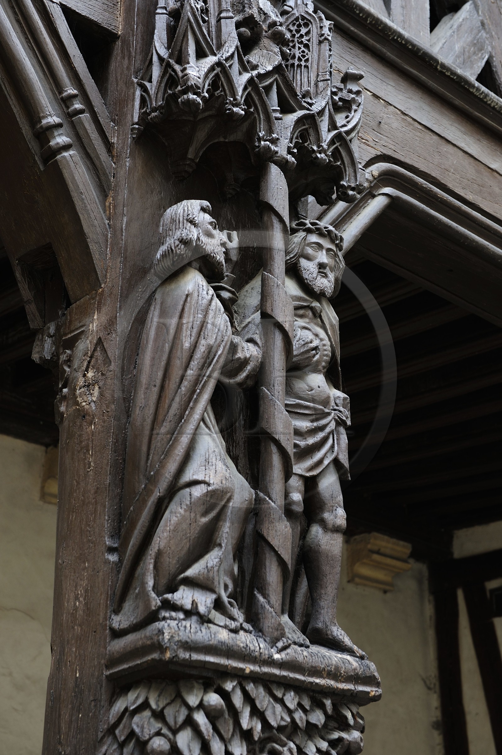 France, Côte d'Or (21), Dijon, Saint-Thomas touchant la plaie du Christ sur une poutre de terrasse de l'Hôtel Philippe-le-Bon