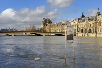 France, Paris (75), les rives de la Seine, classées Patrimoine Mondial de l'UNESCO, la crue de la Seine de janvier 2018, l'arrêt du Batobus du quai Malaquais, en arrière plan le pont du Carrousel et le Louvre