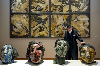 France, Paris (75), Musée Maillol, le peintre et sculpteur allemand Markus Lüpertz lors de son exposition en dialogue avec l'oeuvre d'Aristide Maillol,  bronzes peints et technique mixte sur papier