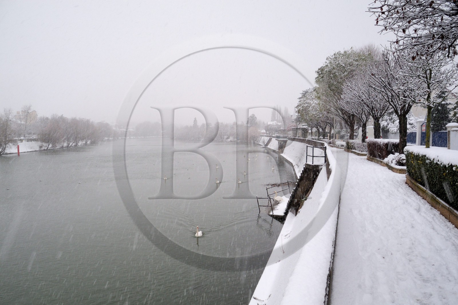 France, Val-de-Marne (94), les bords de Marne sous la neige à Bry-sur-Marne