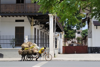 Tanzanie, Dar es-Salaam, chargement de fruit du jacquier, la pomme de jacque, devant une maison de l'époque coloniale