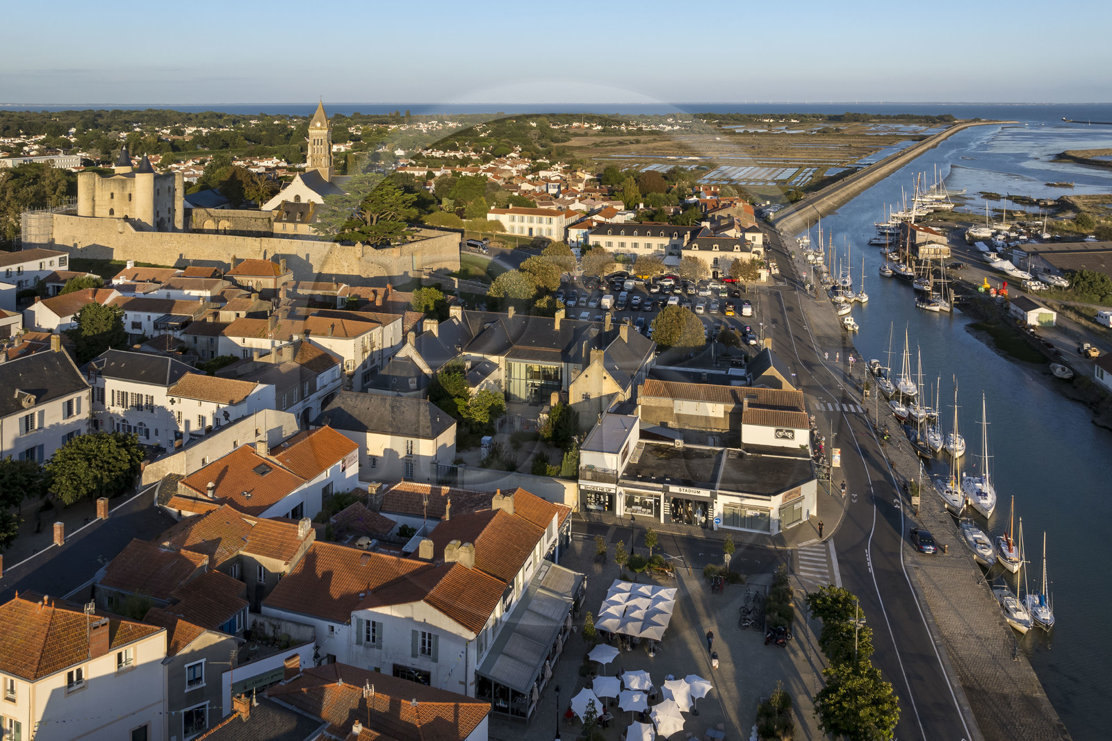 France, Vendée (85), Ile de Noirmoutier, Noirmoutier-en-l'Ile, port d'échouage dans l'Etier du Moulin, le château médiéval et l'église Saint-Philbert en arrière plan (vue aérienne)