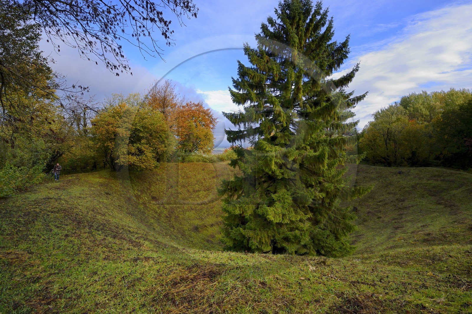 France, Meuse (55), Parc régional de Lorraine, Cotes de Meuse, Les Éparges, traces des combats d’une des luttes les plus meurtrières de la Première Guerre mondiale, entonnoir résultant d'explosions de mines pour le contrôle du « point X » qui domine la plaine