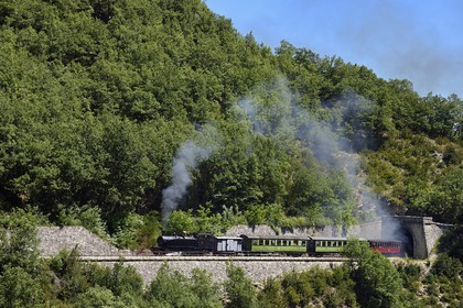 France, Alpes-de-Haute-Provence (04), les scaffarels vers Annot, le Train des Pignes sort d'un tunnel