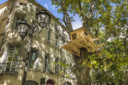 France, Hérault (34), Montpellier, centre historique appelé l’Ecusson, place du Canourgue, cabanes perchées dans les arbres, Tree Huts in Montpellier sculpture de l'artiste Tadashi KAWAMATA pour la Fondation d’entreprise GGL