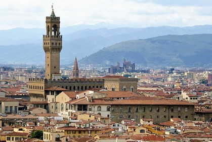 Italie, Toscane, Florence, centre historique classé Patrimoine Mondial de l'UNESCO, le Palazzo Vecchio au crépuscule