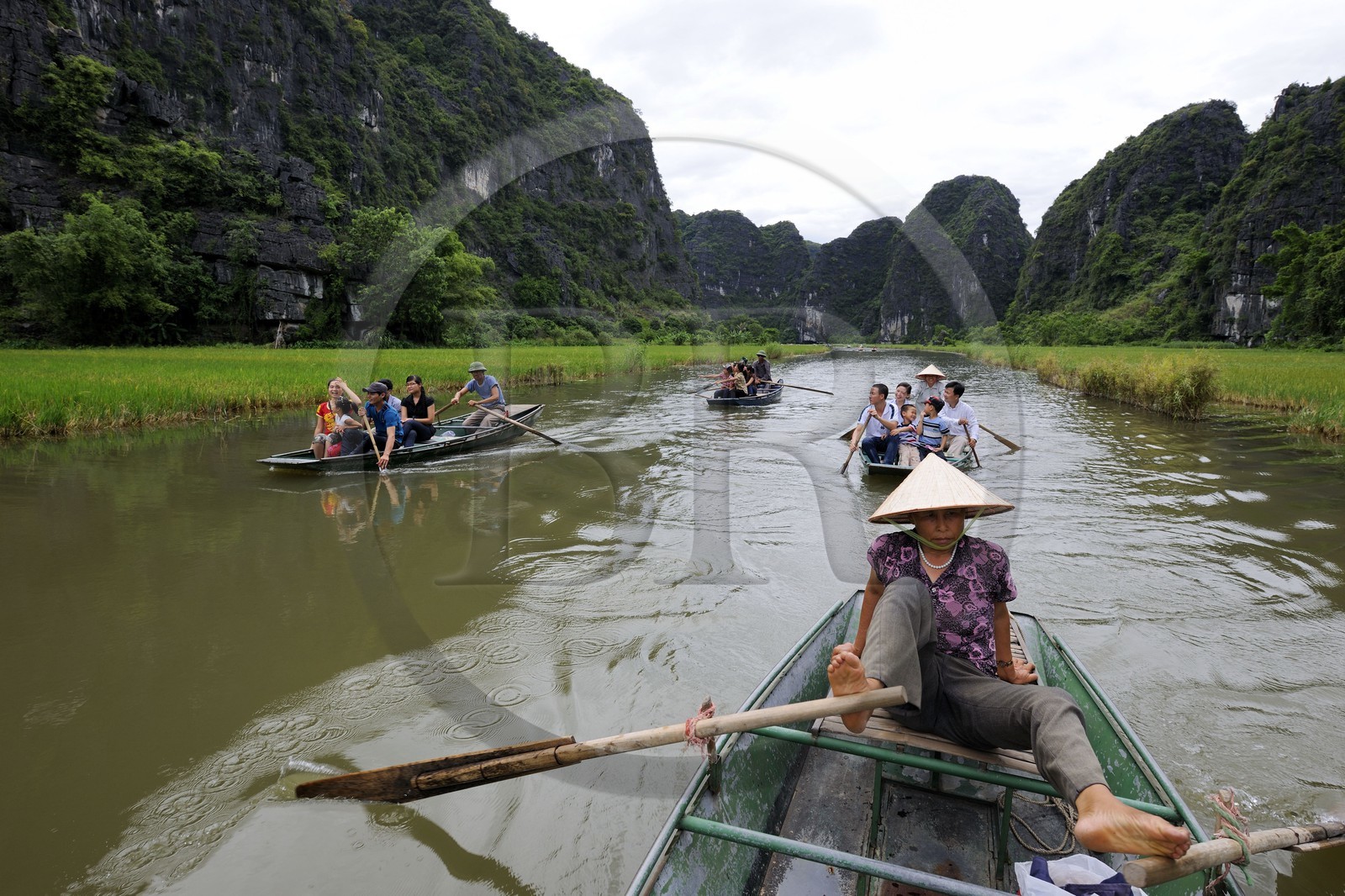 Vietnam, province de Ninh Binh, région surnommée la baie d'Halong terrestre, excursion en barque à Tam Coc entouré de montagnes karstiques , ramant avec ses pieds