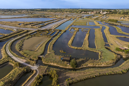 France, Vendée (85), L'Ile d'Olonne vers Les-Sables-d'Olonne, les marais (marais salants à gauche) et l'église Saint-Martin-de-Vertou en arrière plan (vue aérienne)