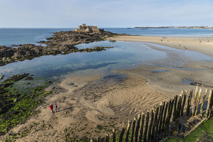France, Ille-et-Vilaine (35), Côte d'Emeraude, Saint-Malo, Fort National conçu par Vauban et construit par Siméon Garangeau de 1689 à 1693, la plage de l'eventail à marée basse avec ses brise-lames en bois