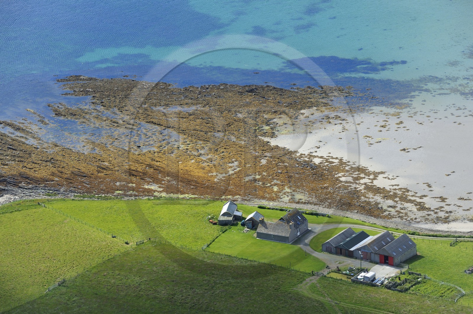 Royaume-Uni, Ecosse, Iles Orcades, Ile de Mainland, ferme en bordure de mer sur la côte Sud (vue aérienne)