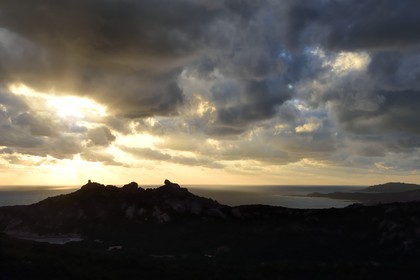 France, Corse-du-Sud (2A), le site naturel de Cala de Roccapina, la tour génoise et le rocher du Lion