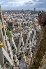 Espagne, Catalogne, Barcelone, quartier de l'Eixample, basilique de la Sagrada Familia de l'architecte du modernisme catalan Antoni Gaudi classée Patrimoine Mondial de l'UNESCO, sommets surmontés de mosaïques en forme de fruits entourant le chantier sur le toit de la nef à l'arrière de la future facade de la Gloire, la Torre Agbar de l'architecte Jean Nouvel en arrière plan