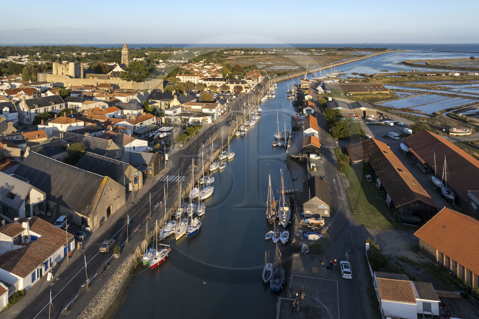 France, Vendée (85), Ile de Noirmoutier, Noirmoutier-en-l'Ile, port d'échouage dans l'Etier du Moulin, le château médiéval et l'église Saint-Philbert en arrière plan (vue aérienne)