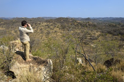 Zimbabwe, province de Matabeleland méridional, Matobo ou Matopos Hills National Park, classé Patrimoine Mondial de l'UNESCO,  safari à pied à la recherche de rhinocéros blanc, recherche à la jumelle