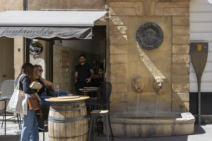 France, Bouches-du-Rhône (13), Aix en Provence, fontaine des Bagniers au croisement des rues des Bagniers et des Chapeliers, médaillon en bronze représentant Paul Cezanne d'après un dessin de Renoir
