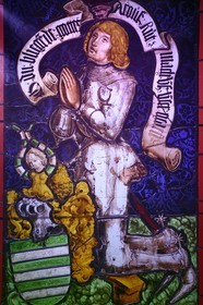 France, Bas-Rhin (67), Parc naturel régional des Vosges du Nord, Lembach, chateau de Fleckenstein, reproduction d'un vitrail de l'église Saint-Georges de Haguenau représentant Jacques 1er de Fleckenstein mort en 1514