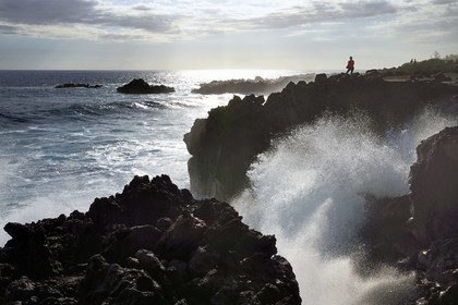 France, Ile de la Reunion, L'Etang Salé les Bains, la côte entre Le Gouffre et l'Etang du Gol, roches noires basaltiques d'origine volcanique tourmentées par l'océan