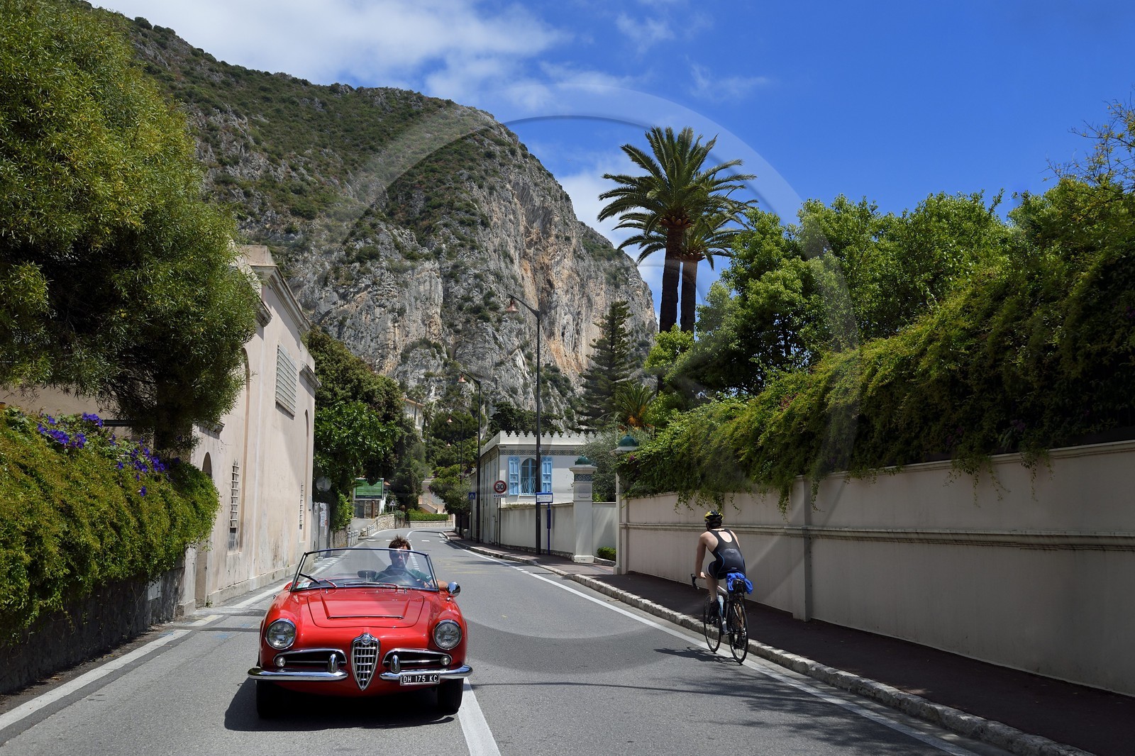 France, Alpes-Maritimes (06), Beaulieu-sur-Mer, Alfa Romeo Giulietta décapotable de collection sur la route de la Basse Corniche