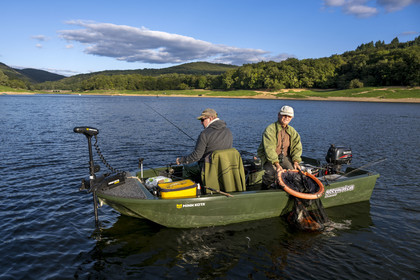 France, Nièvre (58), Parc naturel régional du Morvan, Chaumard, lac de Pannecière, pêche à la ligne sur une barque, Claude et Christophe ont pêchés une perche barrée