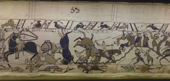 France, Calvados (14), Bayeux, musée de la tapisserie, tapisserie de Bayeux, la tapisserie dite de la Reine Mathilde classée Mémoire du monde par l'UNESCO qui raconte l'invasion de l'angleterre par Guillaume Le Conquérant